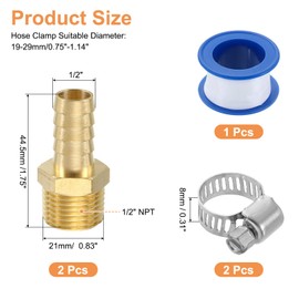 sourcing map 2Pcs Brass Hose Barb Fittings, 1/2" Barb x 1/2" NPT Male Hose Connector with Hose Clamps for Water Fuel Gas Oil Transportation
