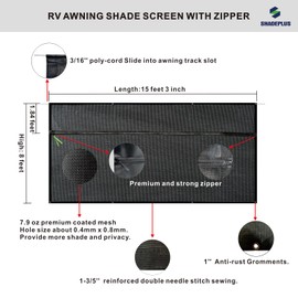 SHADEPLUS RV Awning Sun Shade Screen 8'x15'3''(Fit for 16' Awning),Black Mesh Shade Screen with Zipper,Universal Trailer Camper Awning Screen with Complete Kits,Improves Shadow and Privacy.