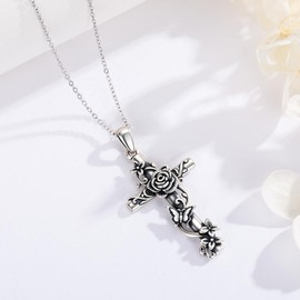 Hagkew Vintage Rose Cross Pendant Necklace ，Dainty Cross Necklace for Women Copper Engraved Flower Butterfly Religious Pendant Jewelry, Christian Faith Jewelry Gifts for Women Men