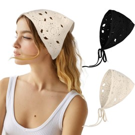 Zercart 2 Pcs Crochet Bandana Knitted Head Kerchief Floral Headbands Knitted Head Kerchief Triangled Headband with Ties Vintage Knotted Headscarf for Women Girls