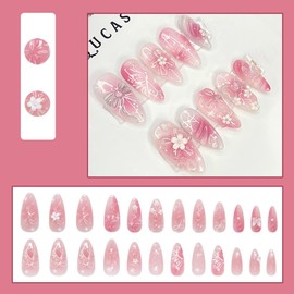 24 Pcs Clear Pink Press on Nails Short Almond,MINGCHUN Summer Fake Nails Press ons Acrylic Nail Art Tips Kit Full Cover False Nails Glue on Nails with 3D Flowers Butterfly Bow Design for Women