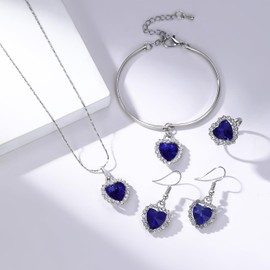 AILUOR Titanic Heart of The Ocean Necklace Earrings Bracelet and Rings Jewelry Set, Silver Created Blue Sapphire Crystal Necklace Pendants Wedding Prom Jewelry (Blue)