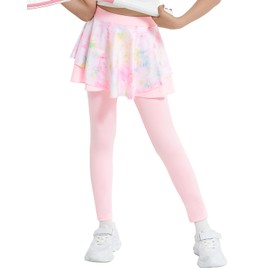 JiAmy 2 in 1 Girls Leggings with Skirt High Waisted Tennis Athletic Flowy Skort Legging for Kids Pink