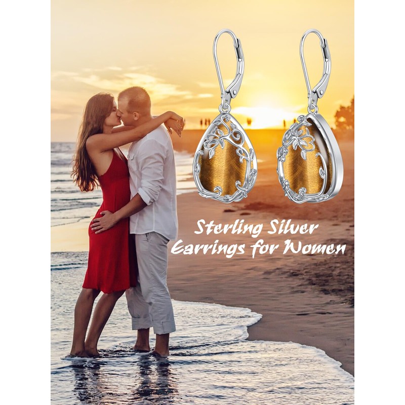 HPQQ Filigree Tigers Eye Earrings Teardrop Drop Dangle Earring Sterling