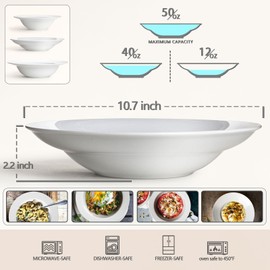 Wareland Large Pasta Bowls, 50 Ounces Big Salad Bowls, 10.7 inch White Soup Bowls, Ceramic Serving Bowl Set of 4, Wide and Shallow Bowls Set, Microwave and Dishwasher Safe
