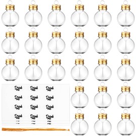 24 Pieces Christmas Booze Balls Christmas Fillable Booze Tree Ornaments Clear Plastic Round Christmas Ornaments Pendant Ball with Stickers for Christmas Holiday Wedding Party Decor, Gold