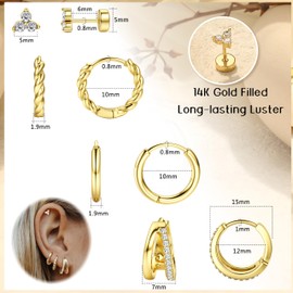 Kakonia 4 Pairs Dainty Gold Earrings Set for Women 14K Gold Filled Small Stud Doubke Huggie Hoop Earring Sets for Multiple Piercing Hypoallergenic Flat Back Cartilage Earring Stacks