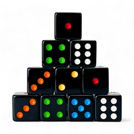 Luck Lab 10 Piece D6 Multicolor Pip Dice Pack - Acrylic 16mm Square Edge Standard Dice for RPG MTG DND Dice Table Games and Board Games, Storage Bag Included (Black Multicolor)