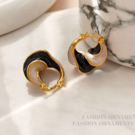 Enamel Twisted Hoop Earrings for Women French Buckle Vintage Earrings Blue Spiral Patterned Wave Earrings Jewelry (Black)