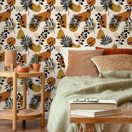VEELIKE Abstract Geometric Peel and Stick Wallpaper Boho Mid Century Leaves Wallpaper for Bedroom Bathroom Accent Wall 17.7''x354'' Removable Geometric Art Deco Wallpaper Mural Contact Paper for Walls