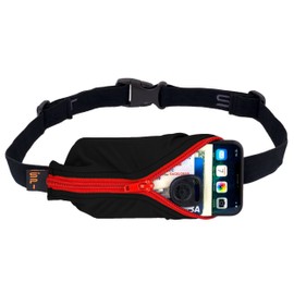 SPIbelt Large Pocket Running Belt for Women Men, Phone Holder for Running, Running Fanny Pack, Holder for Phone, Running Waist Pack, Expandable, Adjustable. Black with Red Zipper
