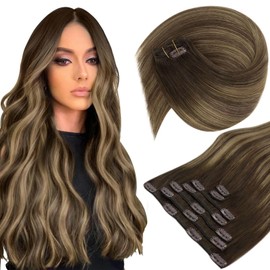 Sunny Hair Sunny Hair Clip in Hair Extensions Human Hair Invisible Clip in Hair Extensions Real Human Hair Straight Hair Extensions for Women 14inch Medium Brown to Caramel Blonde Balayage