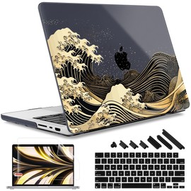 May Chen Compatible with MacBook Pro 14 inch Case 2023 2022 2021 Release M3 A2918 A2992 M2 A2779 M1 A2442 Pro/Max, Plastic Hard Shell Case with Keyboard Cover & Screen Protector, Black Sea Wave