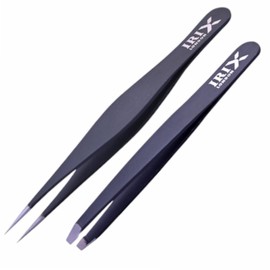 Irix London Professional Tweezers Set – Slanted & Fine Tips for Facial Hair & Eyebrow Grooming – Set of 2 Sharp, Long & Slanted Stainless Steel Tools (Black)