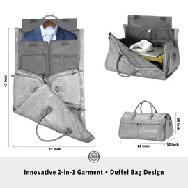 STOVER Garment Travel Duffle Bag, Large 2-in-1 Convertible Carry-on Luggage for Men & Women- Hanging Suits, Dresses & Clothes + Shoe Compartment- Weekender Tote Combo Duffel (Leather Grey)