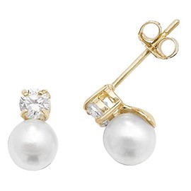 Classical 9ct Gold Ladies Stud Earrings with Cubic Zirconia/CZ, Freshwater Cultured Pearl - 8mm*5mm WJS27169