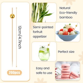 Potchen 200 Pcs Cocktail Picks Long Cocktail Toothpicks Bamboo Toothpicks for Appetizers Fruits Food Skewers Sticks for Drinks Dessert Wedding Birthday Party(Gold Pearls)