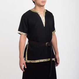 BLESSUME Medieval Viking Tunic with Belt LARP Aristocrat Chevalier Cosplay Costume, One Size Black