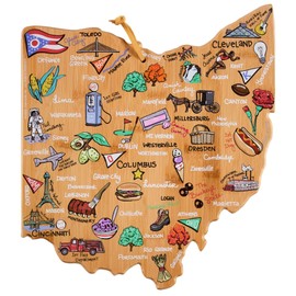 Totally Bamboo Ohio State Shaped Cutting Board and Charcuterie Serving Platter with Artwork by Fish Kiss, Includes Hang Tie for Wall Display