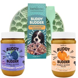 BUDDY BUDDER Superberry Snoot + Pumpkin Pup Blue Dog Enrichment Mat Combo, 100% Natural Dog Peanut Butter, Healthy Dog Treats - Made in USA (Set of 2 / 17oz Jars + Lickmat)