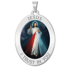 PicturesOnGold.com Divine Mercy Oval Religious Medal - 2/3 x 3/4 Inch - Sterling Silver
