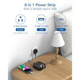 Extension Lead, Power Strips with 2 Way Outlets 4 (4.5A, 1 Type C and 3 USB-A Port) Surge Protection Plug Extension Socket with 5 Meter Braided cord for Home Office (Black)