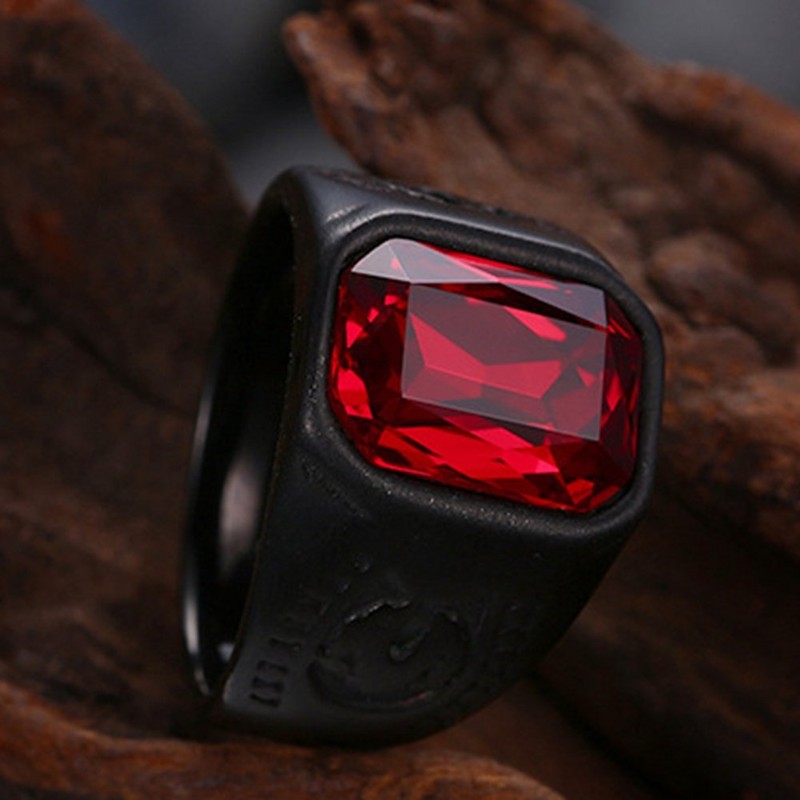 Black Stainless Steel Red Crystal Signet Biker Ring (S)