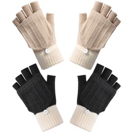 Ymomode Winter Fingerless Gloves for Women, Wool Gloves Thermal Insulation Warm Convertible Mittens Flap Cover for Men Women