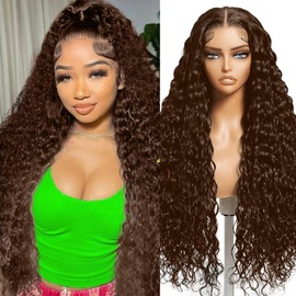 Chocolate Brown Curly Wave Lace Front Wigs Human Hair 180 Density 13x4 Hd Deep Lace Frontal Wigs for Black Women Pre Plucked Wet and Wavy Glueless 4# Brown Color 20 Inch
