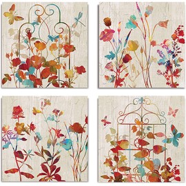 Renditions Gallery Canvas Wall Art, 4 Panels Set 16x16 Inches Each Framed Artwork,Rainbow Wildflowers Colorful Flowers Painting Pictures for Bathroom Decorations