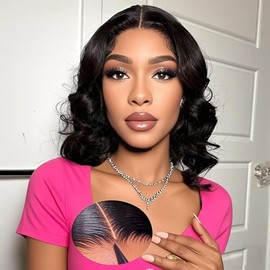 Wear and Go Glueless Bob Wig Human Hair For Black Women 180% Density Bleached Knots Pre Plucked Pre Cut 5x5 HD Lace Front Human Hair Wigs Glueless Body Wave Natural Black Color 14 Inch