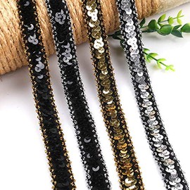 Yalulu 10 Yards Shiny Elastic Sequin Ribbon Glitter Stretch Sequin Ribbons Trim Ribbon DIY Craft Projects (Gold - Black)