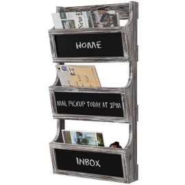 MyGift Wall Mounted Torched Solid Wood Magazine and Mail Holder Organizer Rack with 3 Slots and Chalkboard Labels