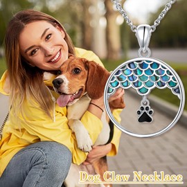 Ladytree S925 Sterling Silver Puppy Dog Cat Pet Paw Print Circle Round Abalone Shell Pendant Necklace Jewelry Gifts for Women 18 inches