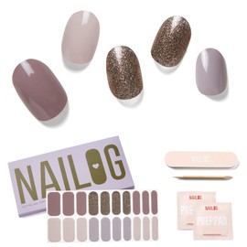 NAILOG Semi Cured Gel Nail Stickers (20 Pieces), Long Lasting, Salon Quality, 33mm Extra Long, Nail Sticker, Nail Kit, Glitter, Glitter, Beautiful Gloss | Last Night