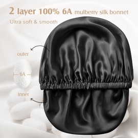 YFONG 22 Momme Mulberry Silk Bonnet for Sleeping Women - 100% Pure Mulberry Silk - Double Layer 6A Highest Grade Fibers - Adjustable Silk Sleep Cap, Silk Sleep Bonnet with Elastic, Black, M