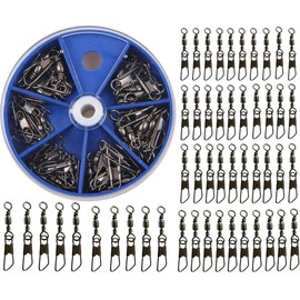 Fishing Snap Swivels Kit - 50pcs Barrel Swivels with Safety Snap Fishing Connector Swivel Snap with Solid Ring Fishing Tackle Accessories Box Kit, Black/Gold Size 4#,6#,8#,10#,12#,14#