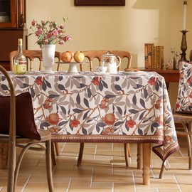 patdrea Designer Brown Tablecloth for Rectangle Tables,Framhouse Linen Pomegranates Leaves Pattern Linen Tablecloth,Fall Fruits Table Cover Cloth Decorative for Kitchen Dining Room,63"*110"