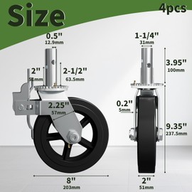 OK5STAR 8 Inch Scaffolding Wheels Set of 4, Scaffold Caster with Dual Locking Brakes, Heavy Duty 750LBS Capacity per Rubber Caters 1-1/4" Solid Round Stem Replacement for Scaffold Workbench Shelves