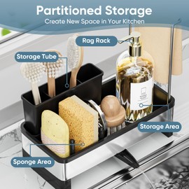 VUSIGN Sponge Holder for Kitchen Sink, Sink Caddy Organizer with Brush Holder, Rustproof Stainless, Self-Draining Sink Organizer for Countertop, Sponges, Brushes, Kitchen Decor and Accessories, Black