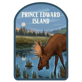 Die Cut Sticker Prince Edward Island, Lithograph, Reflection Pond and Bull Moose, Vinyl Sticker 3 to 6 inches, (Waterproof Decal for Cars, Water Bottles, Laptops, Coolers), Large