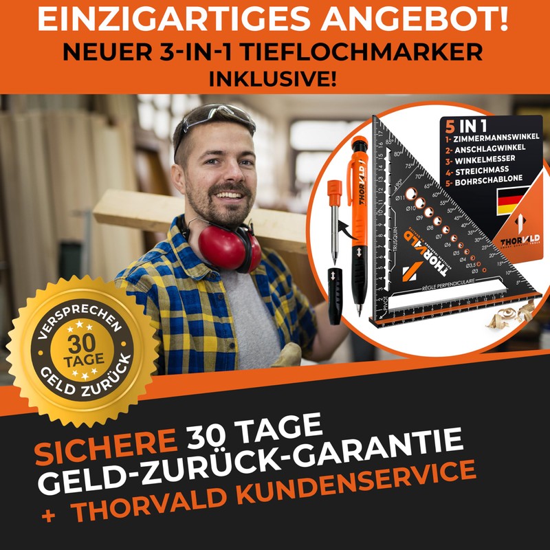 THORVALD Zimmermannswinkel 5-in-1 - Protractor Try Square + Deep Hole