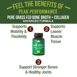 Bone Broth Collagen Capsules. 180 Pills of Grass Fed Bone Broth Collagen Protein Peptides. Contains All 3 Types 1, 2, and 3. Pure Pasture Raised Paleo Friendly Tablets for Women and Men