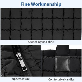 TIAASTAP Large Puffer Tote Bag with Zip Shopper Teddy Bag Quilted Handbag Shoulder Bag Women's Large Tote Bag Women's Handbag Hobo Bag, black