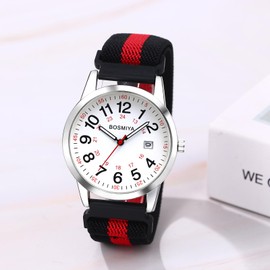 JewelryWe Unisex Braided Elastic Watch: 24-Hour Format Easy-to-Read Calendar Dial Quartz Wristwatch Colorful Strap with Silver Case