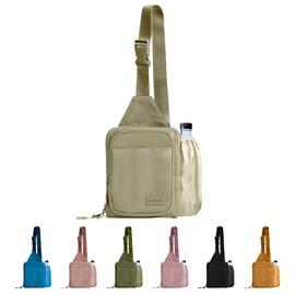 BUNSO Everyday Small Crossbody Bags for Women, Water-Resistant Sling Bag for Men with Waterbottle Holder, 7” x 2.5” x 9”, Tan