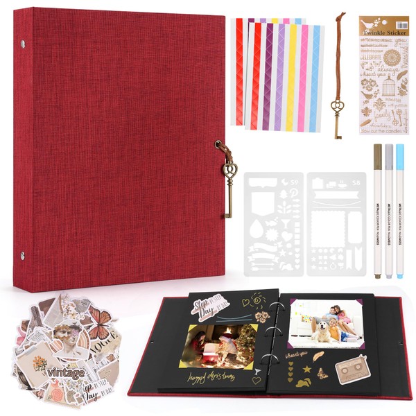 DazSpirit Linen Photo Album, DIY Photo Album with 60 Pages Black Scrapbook, Includes 3 Metallic Colour Markers, 2 Painting Stencils, Various Stickers, Scrapbook for Wedding Family (Red)