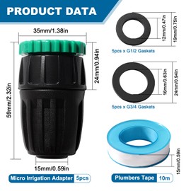 VooGenzek 5 PCS G1/2 G3/4 to 15/20 mm Irrigation Quick Connector, Micro Irrigation Adapter with Lock Barbed, Agriculture Irrigation Fittings, for Lawn, Farm, Garden