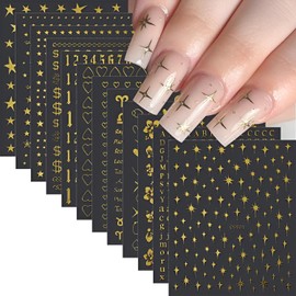 12 Sheets Gold Star Digit Heart Nail Art Stickers - 3D Self Adhesive Decals for Design and Decoration - Supplies Accessories for Women