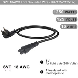 US Standard Laptop Power Cord - 2FT 18AWG 45-Degree Flat Plug NEMA 5-15P to Iec 60320 C5, Universal 3 Prong AC Power Cable Replacement Desktop Charger Cord for Notebook Computer Adapter TV Printer